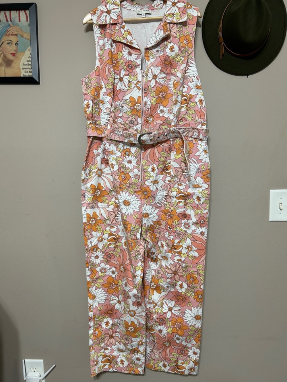 Skies Are Blue Coral Pink Floral Zip-Front Sleeveless Jumpsuit